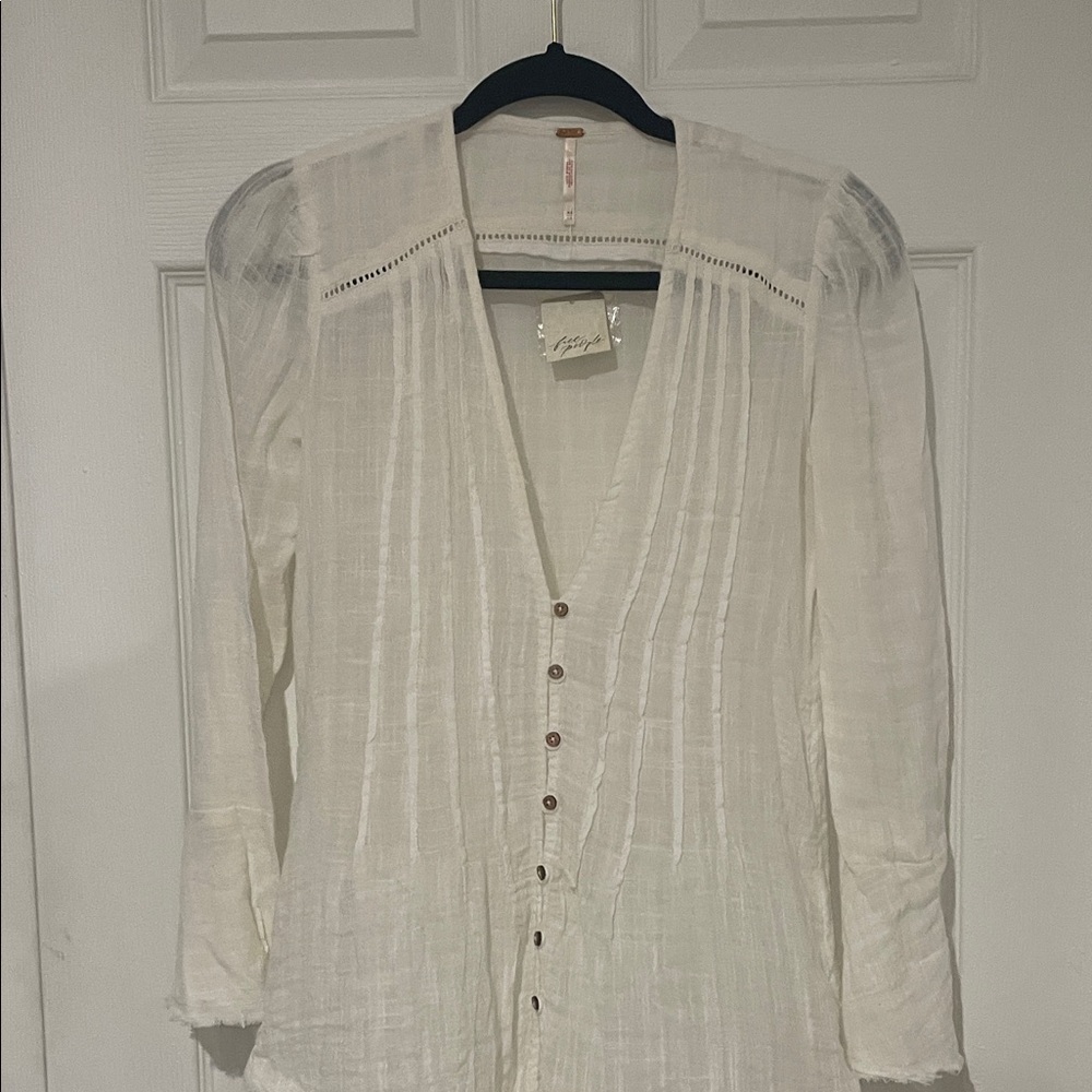 Free People White V-Neck Blouse with Button Accents